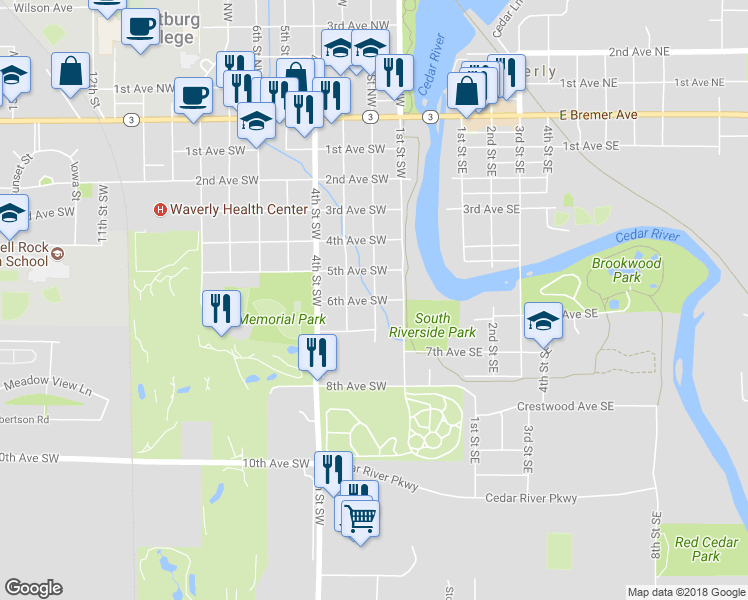 map of restaurants, bars, coffee shops, grocery stores, and more near 199 6th Avenue Southwest in Waverly