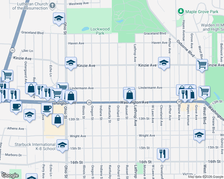 map of restaurants, bars, coffee shops, grocery stores, and more near 4119 Lindermann Ave in Racine