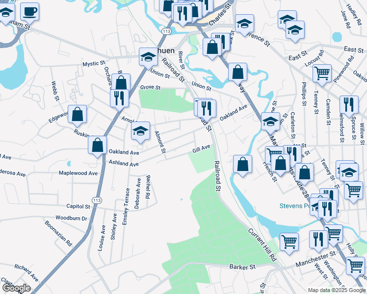 map of restaurants, bars, coffee shops, grocery stores, and more near 14 Ashland Avenue in Methuen