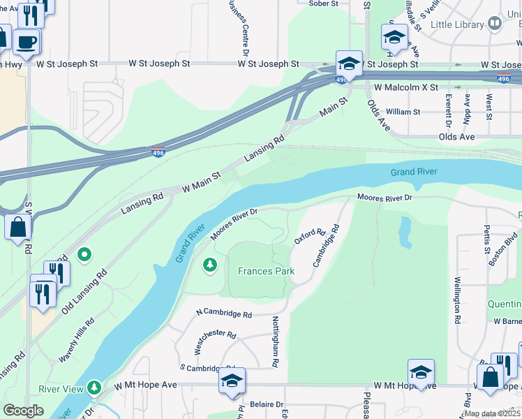 map of restaurants, bars, coffee shops, grocery stores, and more near 2700 Moores River Drive in Lansing