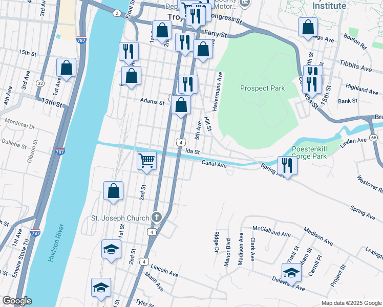 map of restaurants, bars, coffee shops, grocery stores, and more near 92 Ida Street in Troy