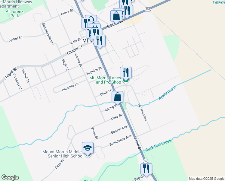 map of restaurants, bars, coffee shops, grocery stores, and more near 160 Main Street in Mount Morris