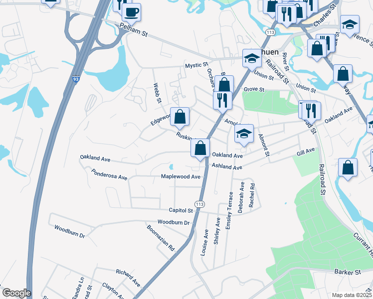 map of restaurants, bars, coffee shops, grocery stores, and more near 175 Oakland Avenue in Methuen