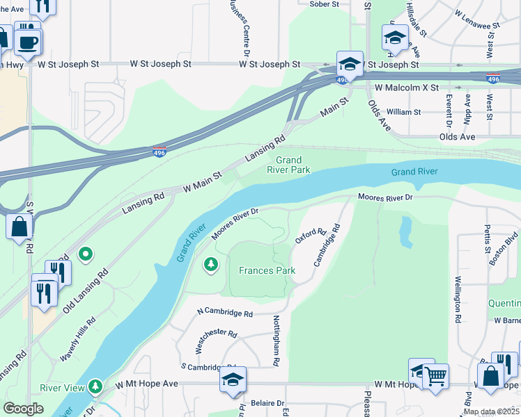map of restaurants, bars, coffee shops, grocery stores, and more near 2700 Moores River Drive in Lansing