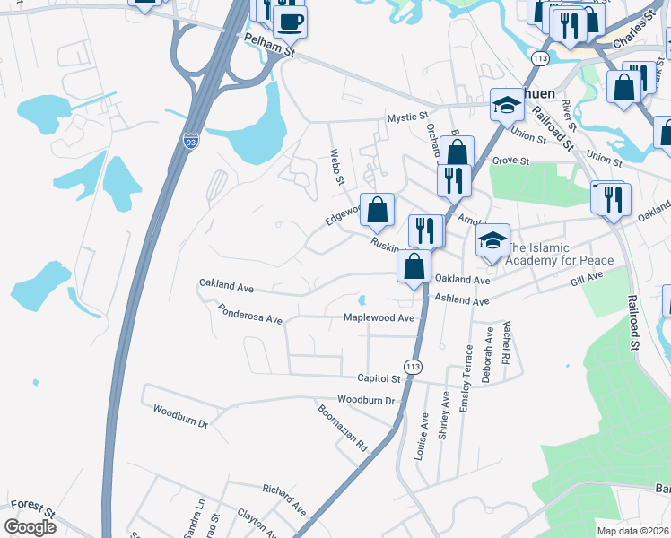 map of restaurants, bars, coffee shops, grocery stores, and more near 215 Oakland Avenue in Methuen