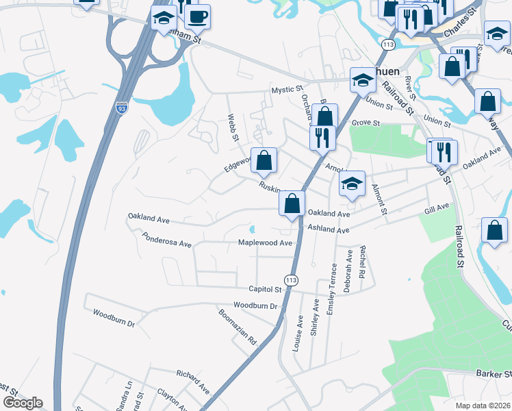 map of restaurants, bars, coffee shops, grocery stores, and more near 197 Oakland Avenue in Methuen