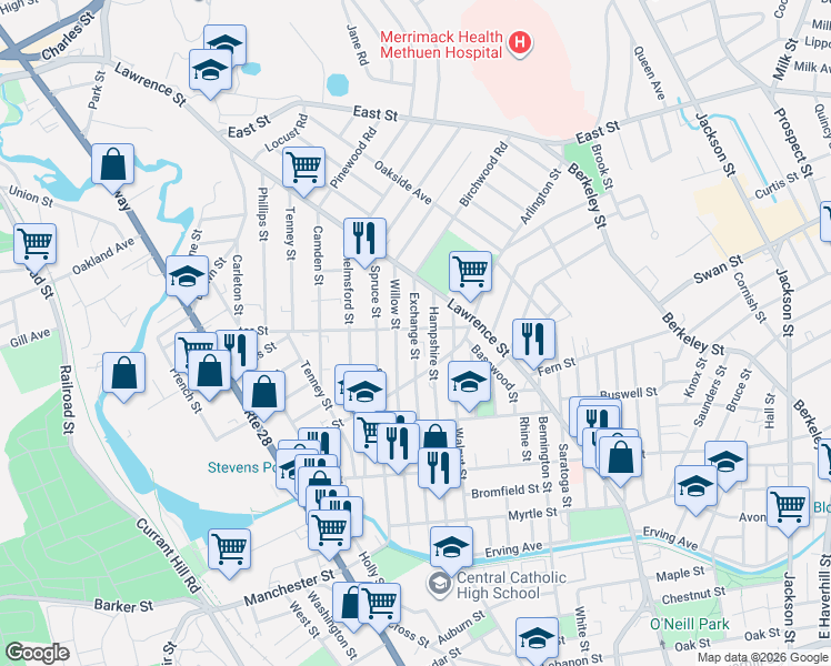 map of restaurants, bars, coffee shops, grocery stores, and more near 157 Exchange Street in Lawrence