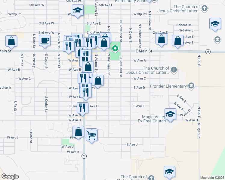map of restaurants, bars, coffee shops, grocery stores, and more near 309 East Avenue D in Jerome