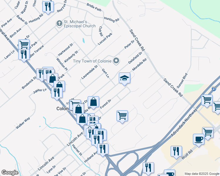 map of restaurants, bars, coffee shops, grocery stores, and more near 46 Mordella Road in Colonie