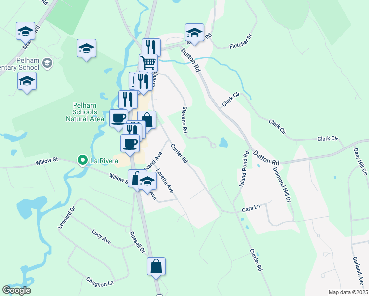 map of restaurants, bars, coffee shops, grocery stores, and more near 27 Currier Road in Pelham
