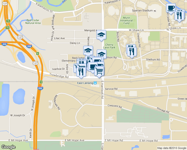 map of restaurants, bars, coffee shops, grocery stores, and more near 1020 Trowbridge Road in East Lansing
