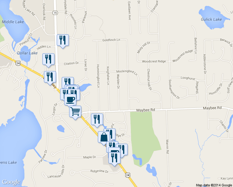 map of restaurants, bars, coffee shops, grocery stores, and more near 5607 Warbler Drive in Clarkston