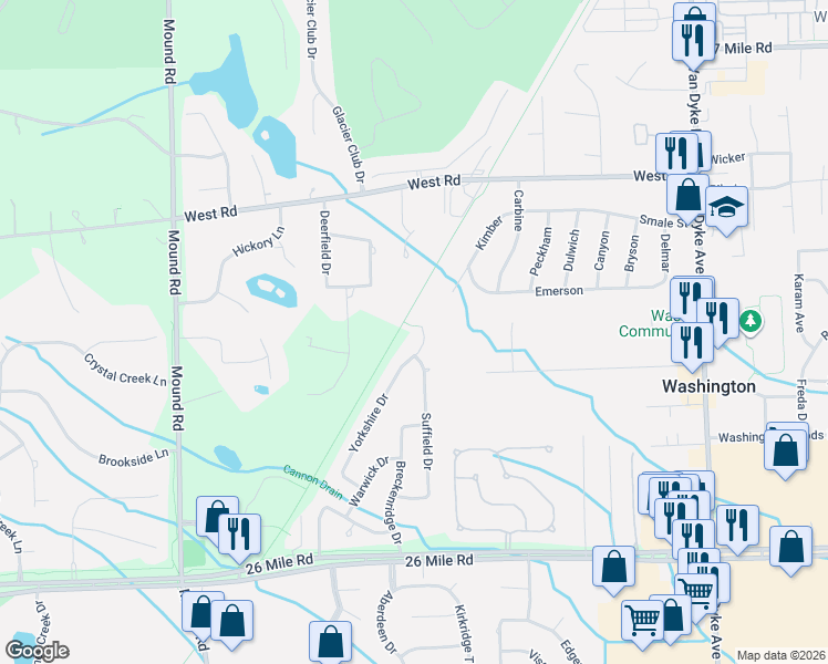 map of restaurants, bars, coffee shops, grocery stores, and more near 57721 Yorkshire Court in Washington