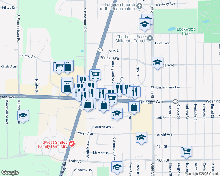 map of restaurants, bars, coffee shops, grocery stores, and more near 5231 Lindermann Avenue in Racine