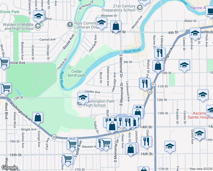 map of restaurants, bars, coffee shops, grocery stores, and more near 1724 11th Street in Racine