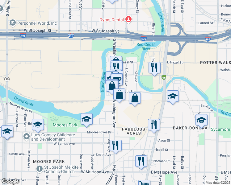map of restaurants, bars, coffee shops, grocery stores, and more near 1201 South Washington Avenue in Lansing