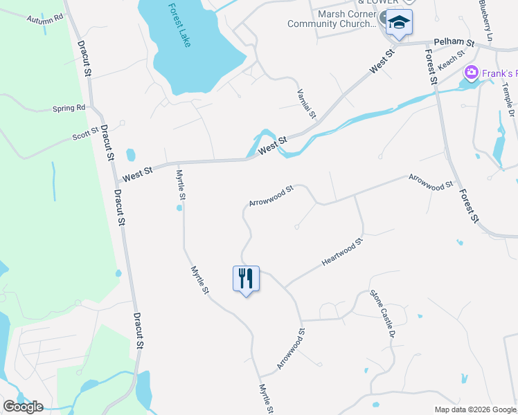 map of restaurants, bars, coffee shops, grocery stores, and more near 27 Arrowwood Street in Methuen