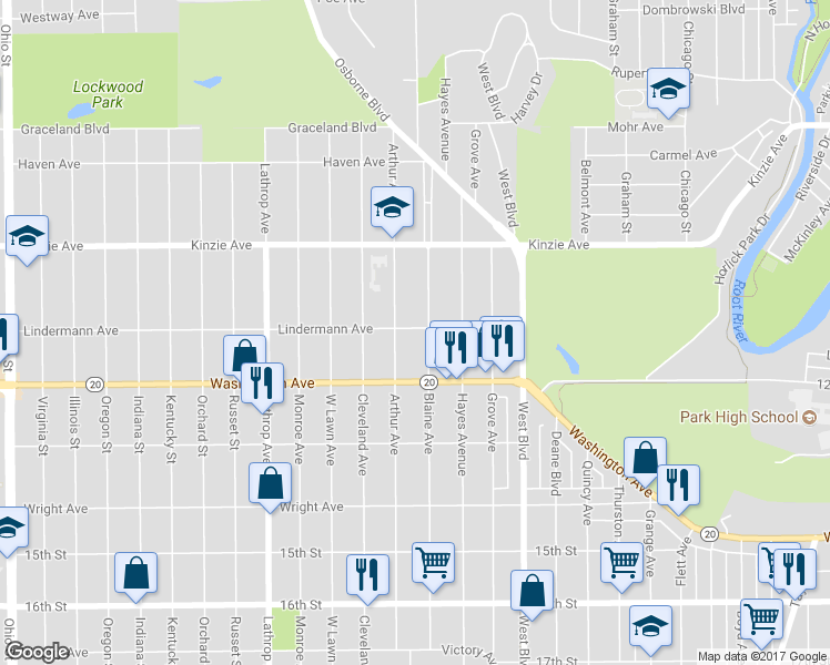 map of restaurants, bars, coffee shops, grocery stores, and more near 3411 Lindermann Avenue in Racine