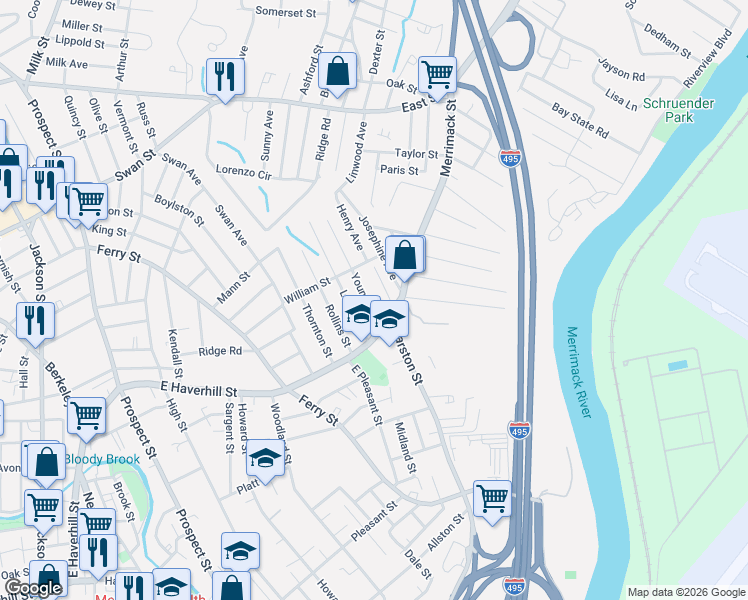 map of restaurants, bars, coffee shops, grocery stores, and more near 16 Young Avenue in Lawrence