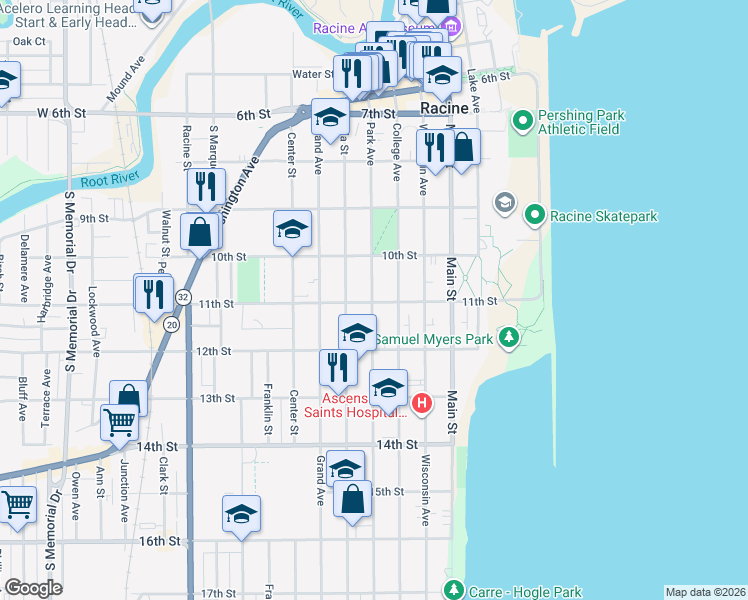 map of restaurants, bars, coffee shops, grocery stores, and more near 424 11th Street in Racine