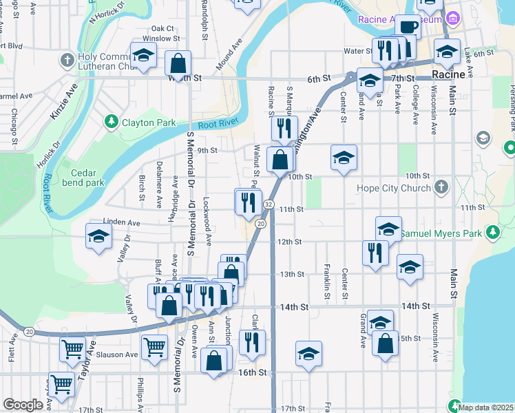 map of restaurants, bars, coffee shops, grocery stores, and more near 24 11th Street in Racine