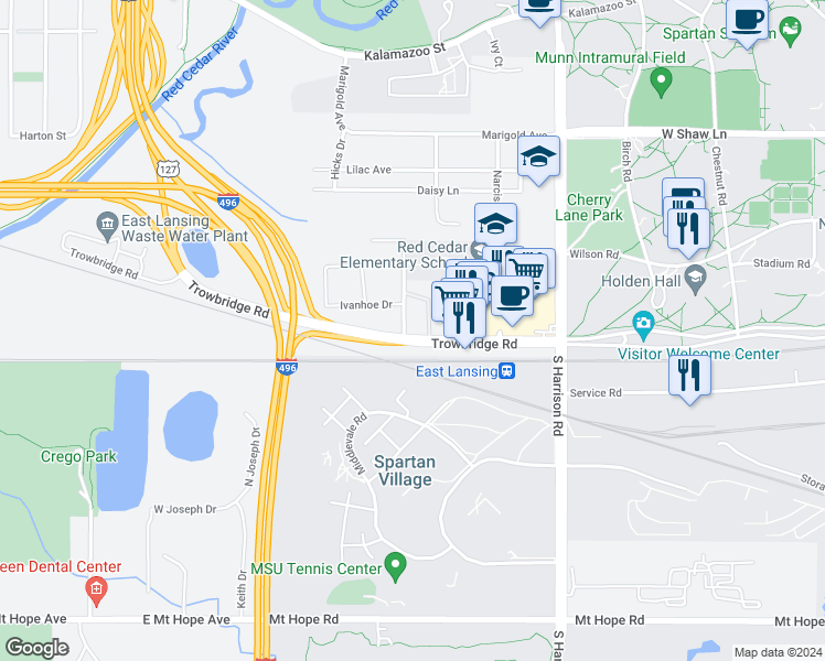 map of restaurants, bars, coffee shops, grocery stores, and more near 1199 Arbor Drive in East Lansing