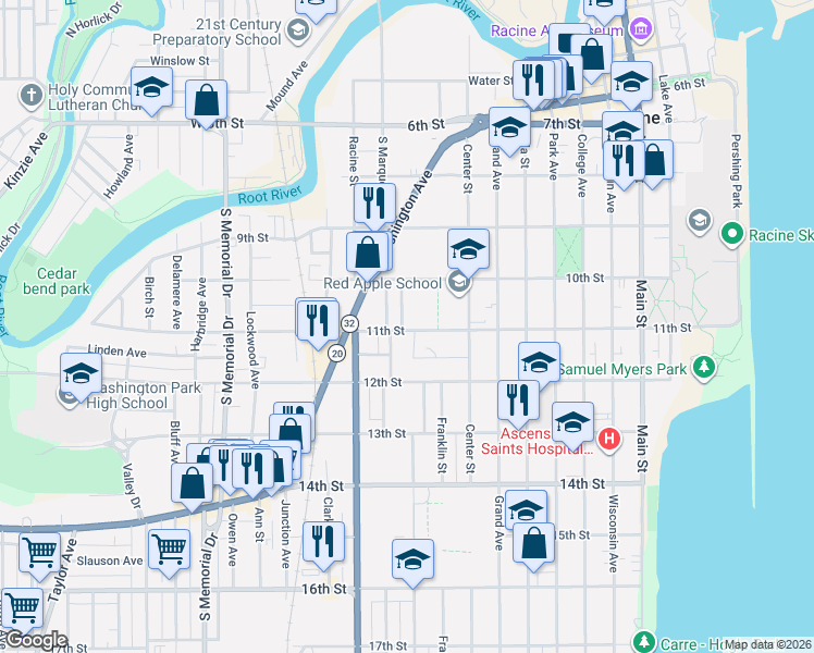 map of restaurants, bars, coffee shops, grocery stores, and more near 1012 11th Street in Racine