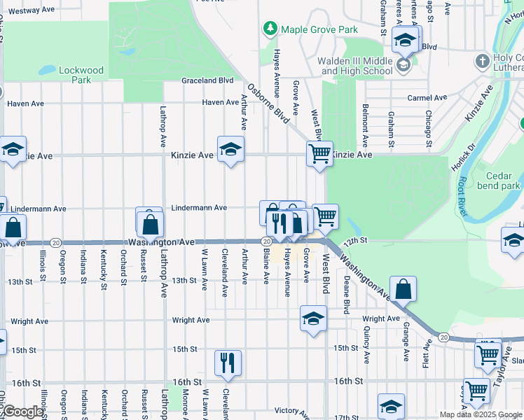map of restaurants, bars, coffee shops, grocery stores, and more near 3411 Lindermann Avenue in Racine