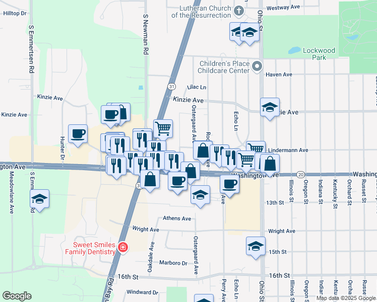 map of restaurants, bars, coffee shops, grocery stores, and more near 5231 Lindermann Avenue in Racine