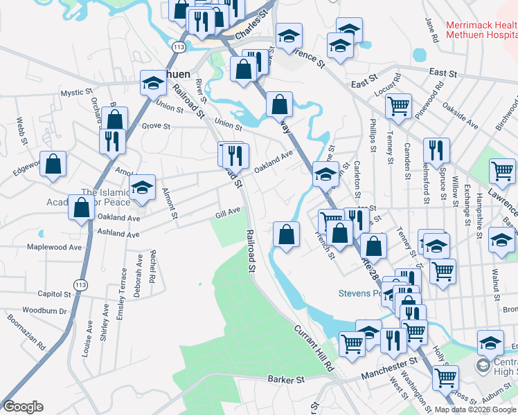 map of restaurants, bars, coffee shops, grocery stores, and more near 9 Granite Street in Methuen