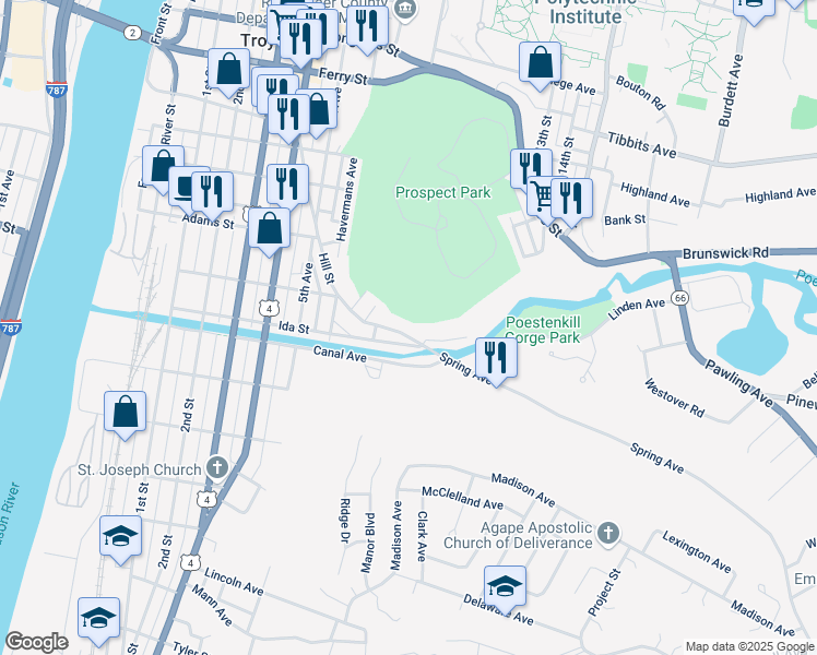 map of restaurants, bars, coffee shops, grocery stores, and more near 202 Hill Street in Troy