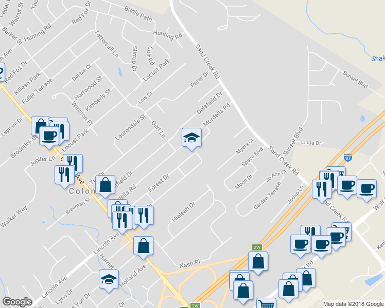 map of restaurants, bars, coffee shops, grocery stores, and more near 132 Forest Drive in Albany