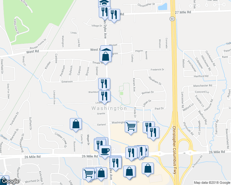 map of restaurants, bars, coffee shops, grocery stores, and more near 57900 Van Dyke in Washington