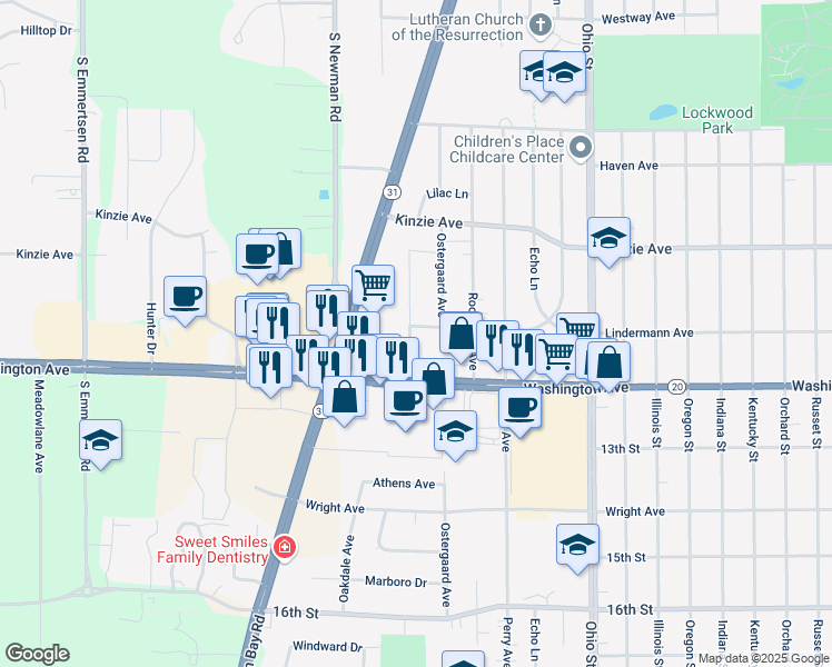 map of restaurants, bars, coffee shops, grocery stores, and more near 5231 Lindermann Avenue in Racine