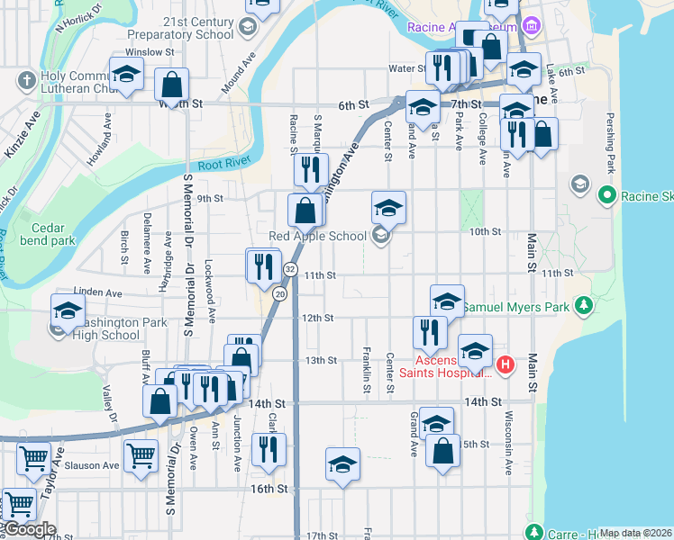 map of restaurants, bars, coffee shops, grocery stores, and more near 1012 11th Street in Racine
