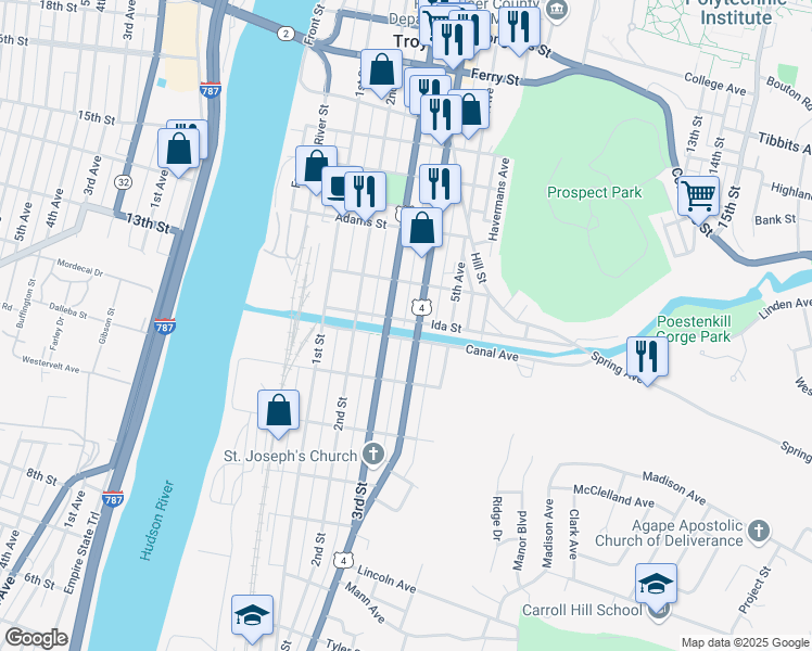 map of restaurants, bars, coffee shops, grocery stores, and more near 66 Ida Street in Troy