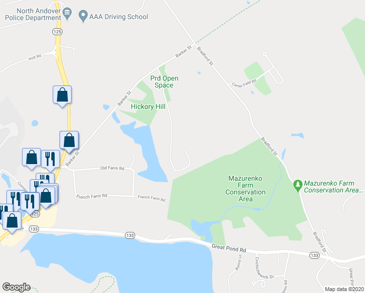 map of restaurants, bars, coffee shops, grocery stores, and more near 266 Hickory Hill Road in North Andover