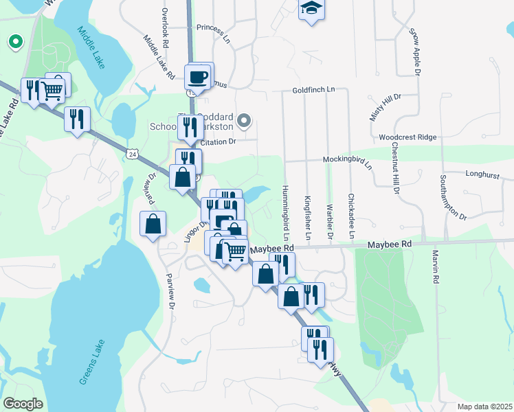 map of restaurants, bars, coffee shops, grocery stores, and more near 6800 Trillium Village Drive in Village of Clarkston