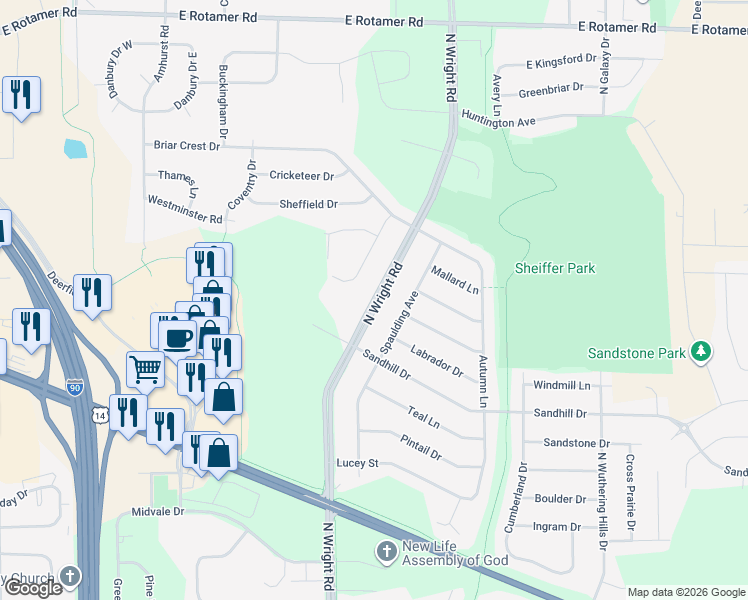 map of restaurants, bars, coffee shops, grocery stores, and more near 3315 North Wright Road in Janesville