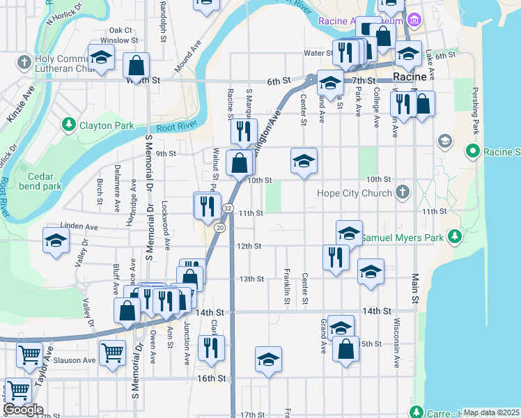 map of restaurants, bars, coffee shops, grocery stores, and more near 1012 11th Street in Racine