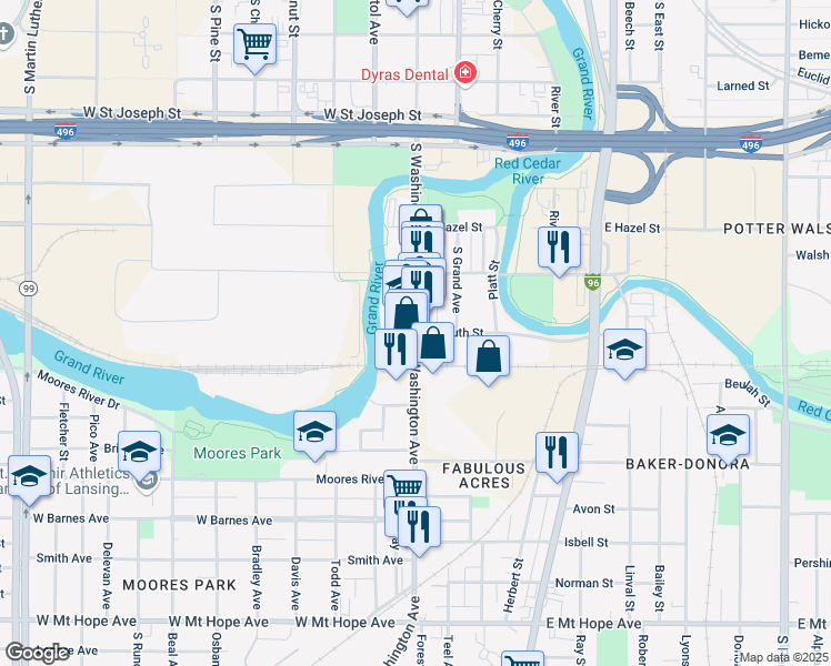 map of restaurants, bars, coffee shops, grocery stores, and more near 1201 South Washington Avenue in Lansing