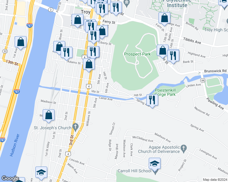 map of restaurants, bars, coffee shops, grocery stores, and more near 167 Hill Street in Troy