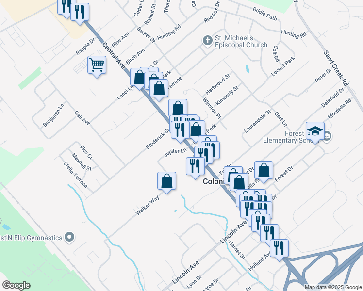 map of restaurants, bars, coffee shops, grocery stores, and more near 1636 Central Avenue in Colonie