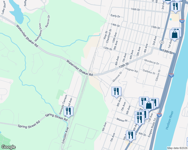 map of restaurants, bars, coffee shops, grocery stores, and more near 15 Watervliet Shaker Road in Watervliet