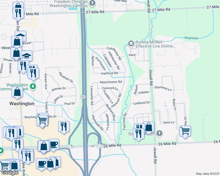 map of restaurants, bars, coffee shops, grocery stores, and more near 57898 Rochester Lane in Washington