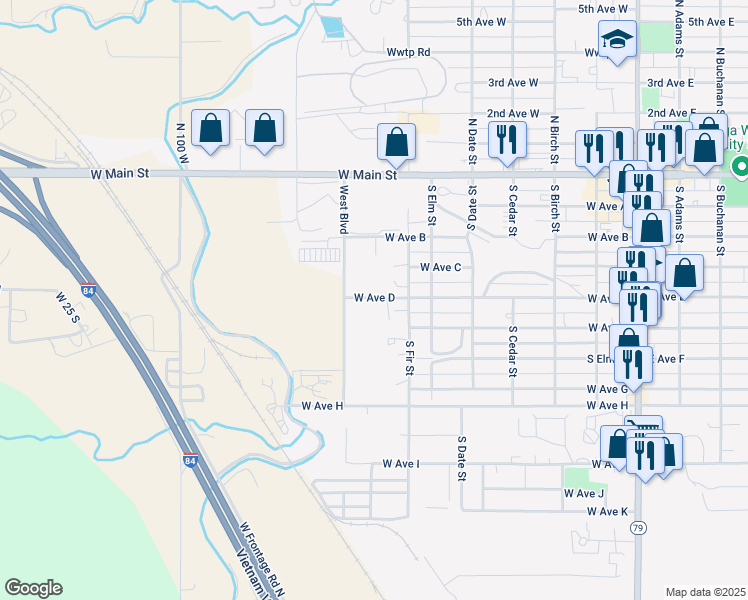 map of restaurants, bars, coffee shops, grocery stores, and more near 725 West Avenue D in Jerome