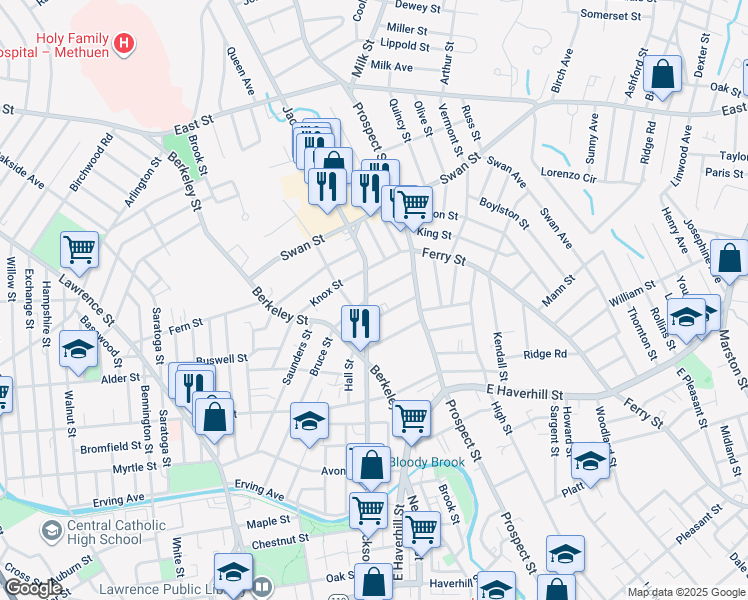 map of restaurants, bars, coffee shops, grocery stores, and more near 15 Logan Street in Lawrence