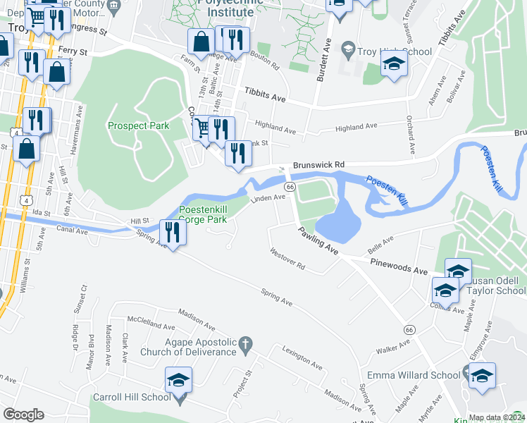 map of restaurants, bars, coffee shops, grocery stores, and more near 25 Westover Road in Troy