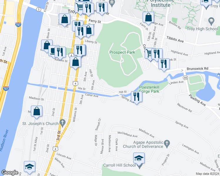 map of restaurants, bars, coffee shops, grocery stores, and more near 200 Hill Street in Troy