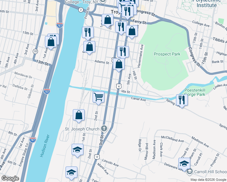 map of restaurants, bars, coffee shops, grocery stores, and more near 66 Ida Street in Troy